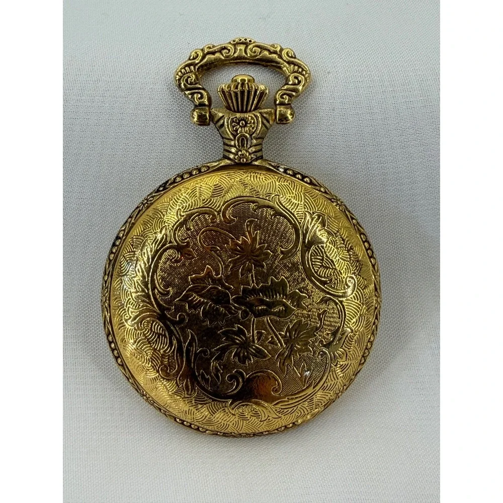 Storyline Gold Tone Train Steam Locomotive Embossed Quartz Pocket Watch Floral